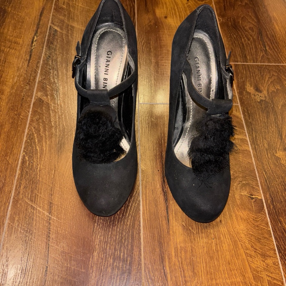 Gianni Bini Black Suede Mary Jane Heels with Pom Pom